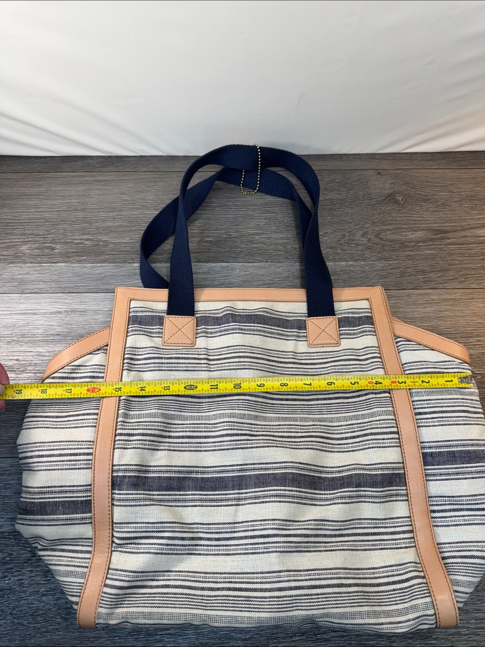 Fossil Striped Canvas Tote with Tan Trim and Navy Handles - Picture 6 of 7
